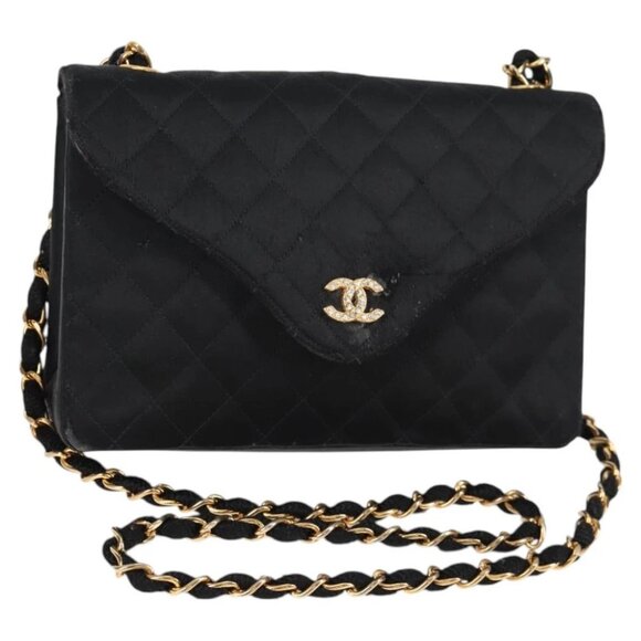 CHANEL Matelasse Chain Shoulder Bag Satin Black Gold CC - Picture 1 of 15